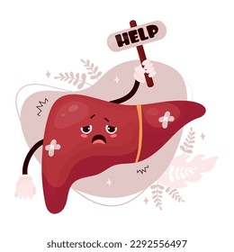 Unhappy sad cartoon liver. Cute character human organ is sick, suffering and asking for help. Vector illustration in flat cartoon style for design and decoration medical themes