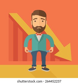 Unhappy, sad Caucasian hipster businessman with beard wearing a red bow tie standing with empty pockets.  An arrow pointing downward showing that he is a failure. Loser, broke concept. A contemporary