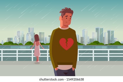 unhappy sad couple with broken heart in depression having relationship problem life crisis divorce concept man woman breaking up relation cityscape background flat horizontal vector illustration