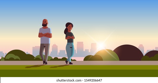 unhappy sad couple in depression having relationship problem life crisis divorce concept african american man woman breaking up relation sunset cityscape background flat horizontal vector illustration