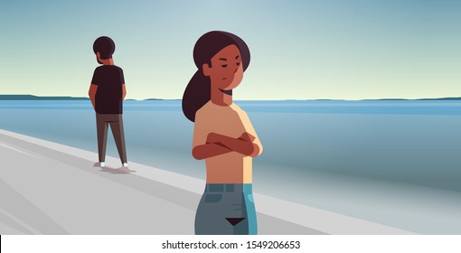 unhappy sad couple in depression having relationship problem life crisis divorce concept african american man woman breaking up relation on beach seascape background flat horizontal vector