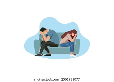 unhappy sad couple in depression having relationship problem life crisis break up divorce concept man woman with broken heart sitting wooden bench flat full length horizontal vector illustration