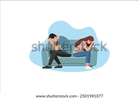 unhappy sad couple in depression having relationship problem life crisis break up divorce concept man woman with broken heart sitting wooden bench flat full length horizontal vector illustration