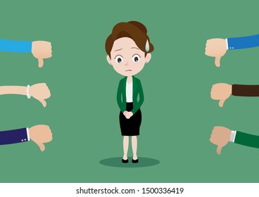 Unhappy sad or depressed young businesswoman surrounded by hands of people who dislike and thumbs down on her, Cartoon vector illustration
