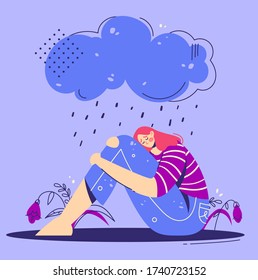 Unhappy, Sad Depressed Young Woman Hugs Legs Under Rainy Cloud. Teenage Girl Are Sitting Under Rain. Depression Concept.  Modern Flat Style Illustration