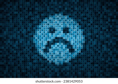 Unhappy sad face icon made from 0 and 1 symbols of binary code. Concept of system error, software problems, virus program, maintenance failure. Modern technologies