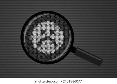 Unhappy sad face icon made from 0 and 1 symbols of binary code, and magnifying glass. Concept of system error detected, searching of software problems, virus program, maintenance failure, IT support