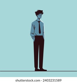 unhappy sad face young adult business man thoughts, entrepreneur bad choice doubt confused boy hand on pocket wearing tie puzzled expression feeling cartoon character vector, disappointed employee