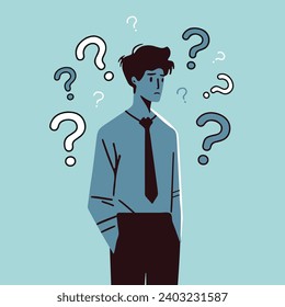 unhappy sad face young business man worries thoughts and question mark above his head, entrepreneur doubt confused boy hand on pocket wearing tie puzzled expression feelings cartoon character vector