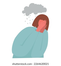 Unhappy sad girl with bad mood, suffering from grief, soul hurt, offense, sorrow and other negative psychological states and problems. Colored flat vector illustration isolated on white background
