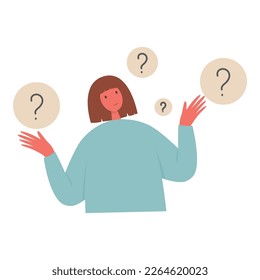 Unhappy sad girl with bad mood, suffering from grief, soul hurt, offense, sorrow and other negative psychological states and problems. Colored flat vector illustration isolated on white background