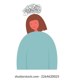 Unhappy sad girl with bad mood, suffering from grief, soul hurt, offense, sorrow and other negative psychological states and problems. Colored flat vector illustration isolated on white background
