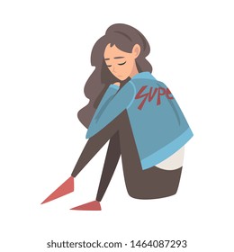 Unhappy Sad Girl Sitting on Floor, Depressed Teenager Having Problems, Front View Vector Illustration