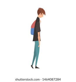 Unhappy Sad Guy Standing with Backpack, Depressed Teenager Having Problems, Stressed Student Vector Illustration