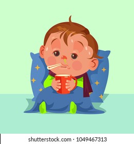 Unhappy sad ill sickness little child character have flu fever runny nose and feeling bad. Healthcare disease concept. Vector flat cartoon illustration