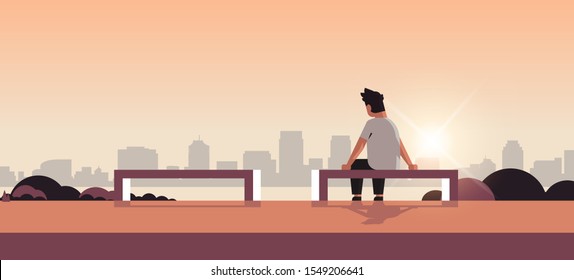unhappy sad man in depression having relationship problem life crisis break up divorce concept guy sitting wooden bench cityscape background flat full length horizontal vector illustration