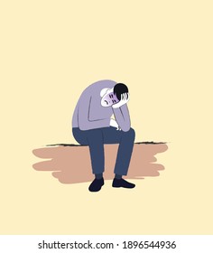 Unglücklicher trauriger Mann macht ein Faktum und sitzt allein. Depressionen