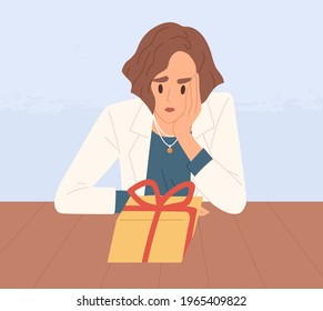 Unhappy sad person looking at closed gift box. Woman feeling bad about unexpected and unpredictable surprises from unknown people. Colored flat vector illustration of upset human and wrapped giftbox