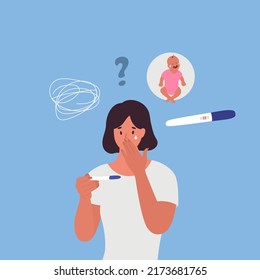 Unhappy sad and scared woman with a positive pregnancy test. Vector