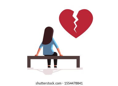 Unhappy Sad Woman In Depression Having Relationship Problem Life Crisis Break Up Divorce Concept Girl With Broken Heart Sitting Wooden Bench Flat Full Length Horizontal Vector Illustration