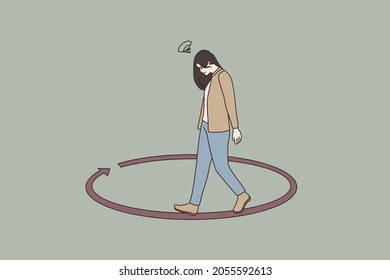 Unhappy sad woman walking in circle thinking and pondering over problem, making solution. Distressed female overthink, follow same life scenario. Comfort zone. Flat vector illustration.