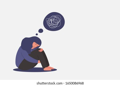 unhappy and sad young girl in depression sitting, lonely woman hugging knees with confused on mind, sorrow, mental health concept, cartoon female character flat vector illustration