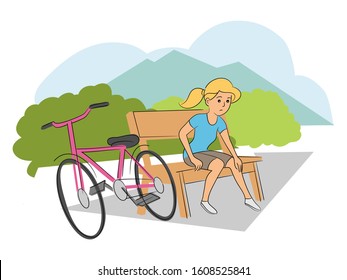 Unhappy sad young girl teenager cyclist with injured knee leg pain sitting on bench in park. Traffic accident with kids. Child bicycle crash. Safety on road. Vector cartoon flat illustration