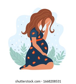 Unhappy, sad young pregnant woman sitting on the floral background. Depression concept. Flat vector illustration. Isolated on white background. 