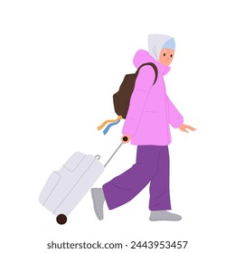 Unhappy sad young Ukrainian woman refugee cartoon character with luggage suitcase searching new home