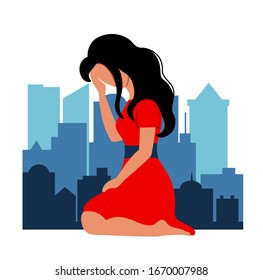 Unhappy, sad young woman or girl in red dress sitting on the background of the city. Depression concept. Flat vector illustration. Isolated on white background. 