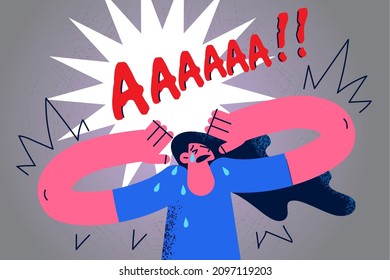 Unhappy sad young woman scream shot feel distressed with mental disorder or psychological problem. Stressed anxious girl yell cry struggle form depression or solitude. Flat vector illustration. 