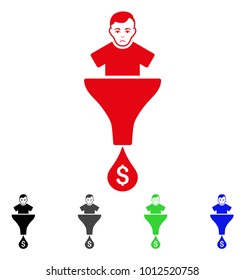 Unhappy Sales Funnel Customer vector pictogram. Vector illustration style is a flat iconic sales funnel customer symbol with grey, black, blue, red, green color variants. Face has dolour mood.