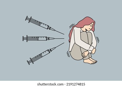 Unhappy scared woman feeling terrified and injections  Unwell anxious girl scared frightened and needles   syringes  Vaccination fear  Vector illustration  