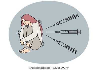 Unhappy scared woman feeling terrified with injections. Unwell anxious girl scared frightened with needles and syringes. Vaccination fear. Vector illustration.