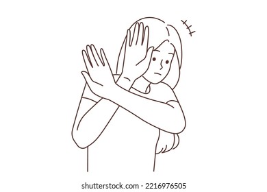 Unhappy scared woman make hand gesture protecting. Upset girl show no or stop gesture. Distress and fear emotion. Vector illustration. 