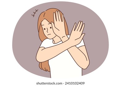 Unhappy scared woman make hand gesture protecting. Upset girl show no or stop gesture. Distress and fear emotion. Vector illustration.