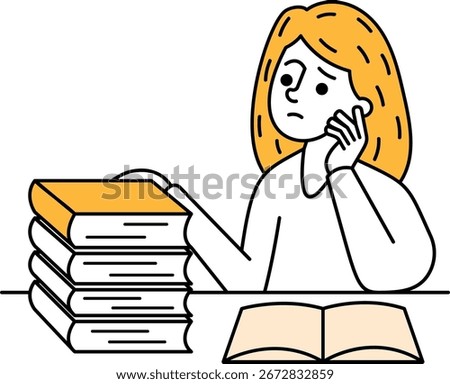 Unhappy schoolgirl with book stack
