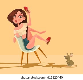 Unhappy screaming scared mouse woman character. Vector flat cartoon illustration