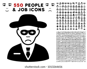 Unhappy Security Agent pictograph with 550 bonus pitiful and glad jobs images. Vector illustration style is flat black iconic symbols.