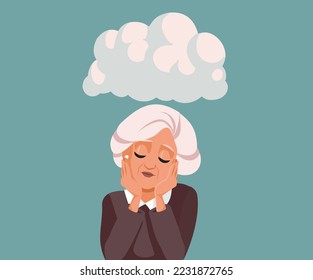 
Unhappy Senior Woman Feeling Down and Anxious Vector Illustration. Elderly person feeling alone suffering from depression after retirement 
