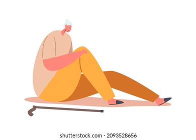 Unhappy Senior Woman Sitting on Floor with Cane, Aged Female Character Fall Down due to Slippery Road, Clumsiness or Health Problem Isolated on White Background. Cartoon People Vector Illustration