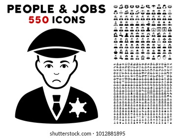 Unhappy Sheriff icon with 550 bonus pitiful and glad people icons. Vector illustration style is flat black iconic symbols.