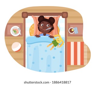 Unhappy sick child lying in bed having her temperature taken as she holds onto her favourite doll, colored cartoon vector illustration