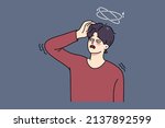 Unhappy sick man feel unwell suffer from dizziness or blurry vision. Ill guy struggle with health problems. Male faint or lose consciousness. Flat vector illustration, cartoon character. 