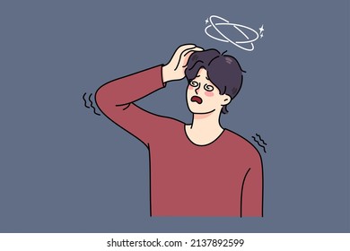 Unhappy Sick Man Feel Unwell Suffer From Dizziness Or Blurry Vision. Ill Guy Struggle With Health Problems. Male Faint Or Lose Consciousness. Flat Vector Illustration, Cartoon Character. 