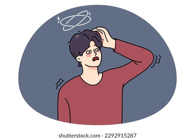 Unhappy sick man feel unwell suffer from dizziness or blurry vision. Ill guy struggle with health problems. Male faint or lose consciousness. Flat vector illustration, cartoon character.