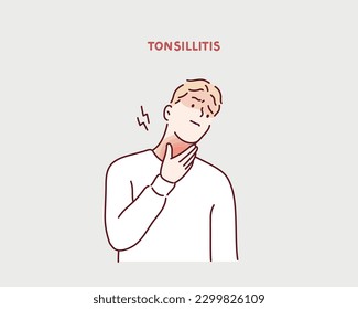 Unhappy sick man touching neck feeling pain while swallowing, result of chocking, throat inflammation, sore throat. Hand drawn style vector design illustrations.