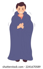 Unhappy sick man wrapped in blanket, freezing and trembling. Cartoon flat vector illustration. Season of sickness and colds, suffering of low minus degrees temperature