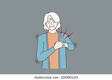 Unhappy sick old woman touch heart suffer from pain heart attack, need ambulance. Unhealthy mature grandmother struggle with chest ache burn. Elderly healthcare concept. Vector illustration. 