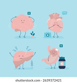 Unhappy sick organs set. Cartoon characters internal organs - Heart, liver, brain, stomach. Funny mascot with negative emotions on faces. flat vector illustration